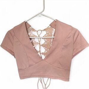 Elegant Lace-Back Blush Crop Top